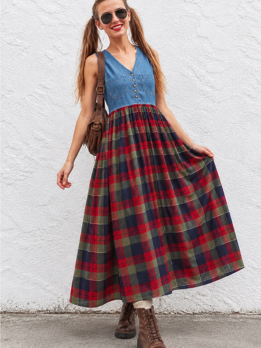 Erika Vintage Denim Plaid Tartan Maxi Dress 100% Cotton Size M